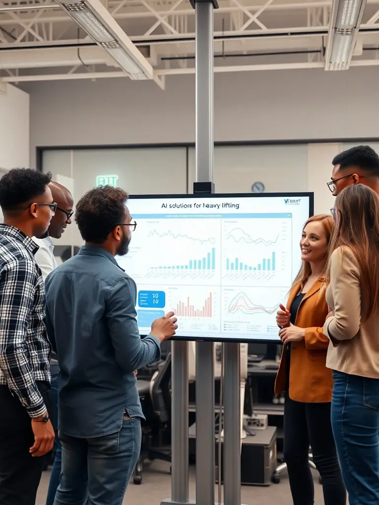 A team collaborating on AI solutions for heavy lifting operations.