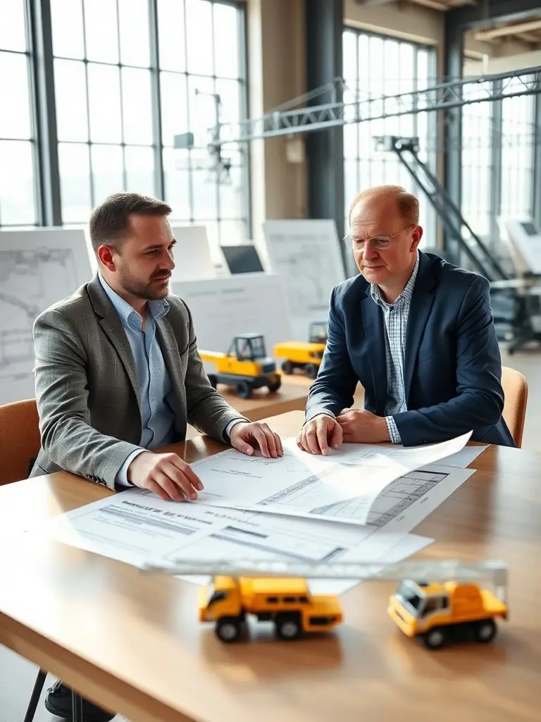 A consultant discussing mobile crane options with a client in an industrial office.