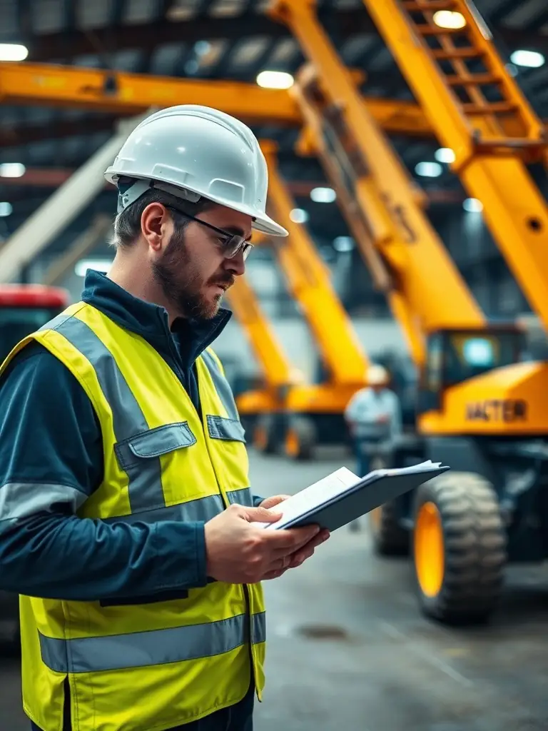 An appraiser evaluating heavy lifting equipment in an industrial yard.