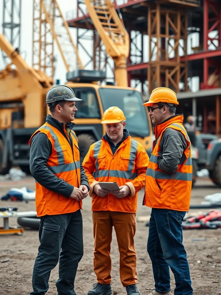 A technical support team inspecting a mobile crane at a construction site.
